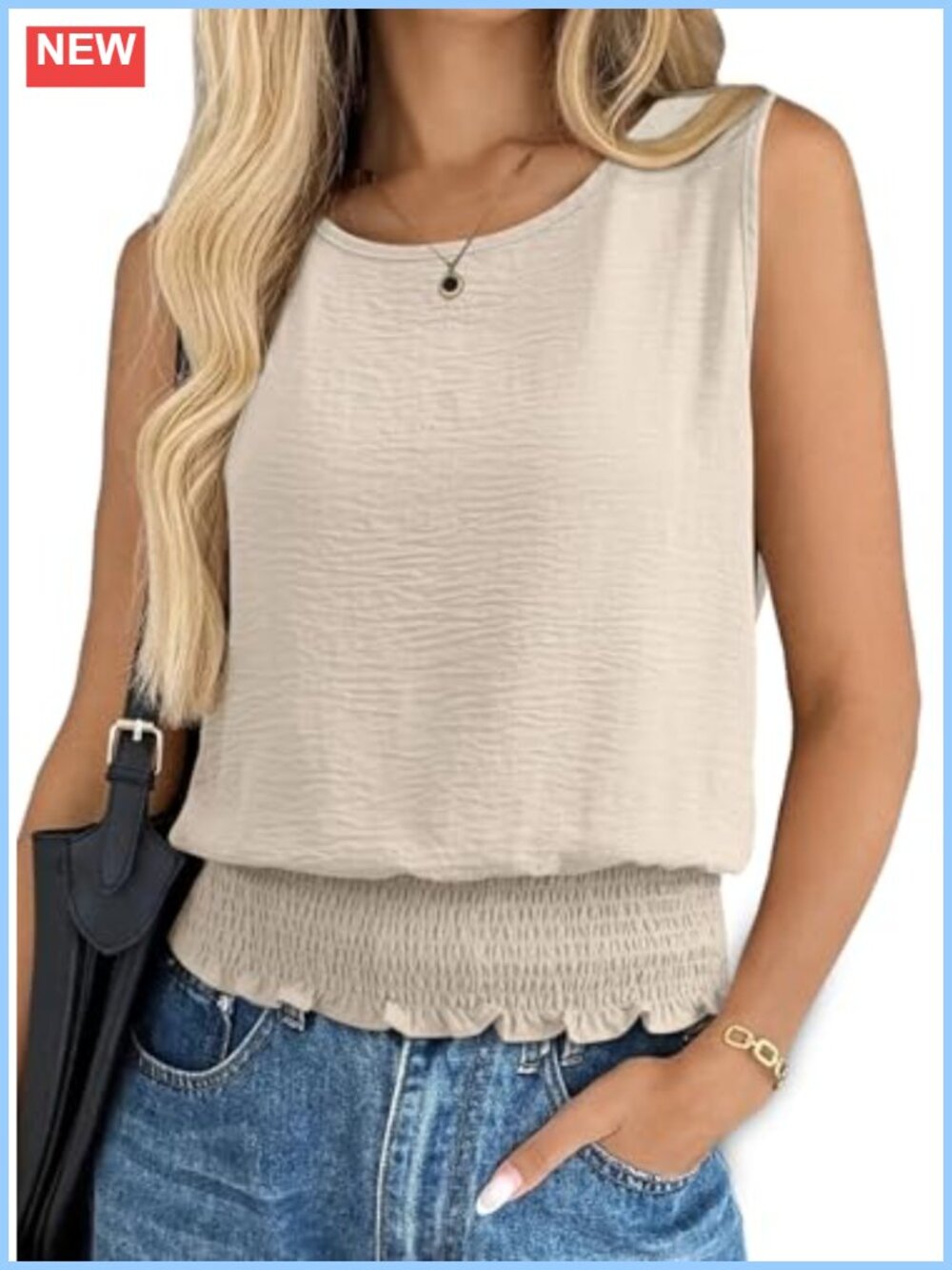 Women's Sleeveless Tank Top Smocked Hem Casual Summer Stretchy
